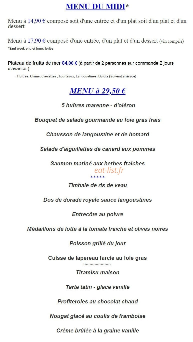 Carte et menu de Restaurant Océanis à Foulayronnes — Les menus