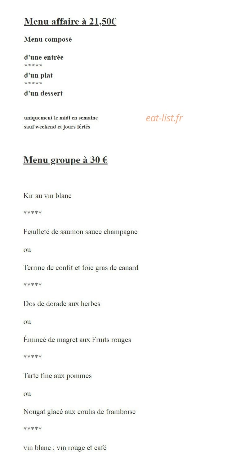 Carte et menu de Restaurant Océanis à Foulayronnes — Le menu affaire et menu groupe