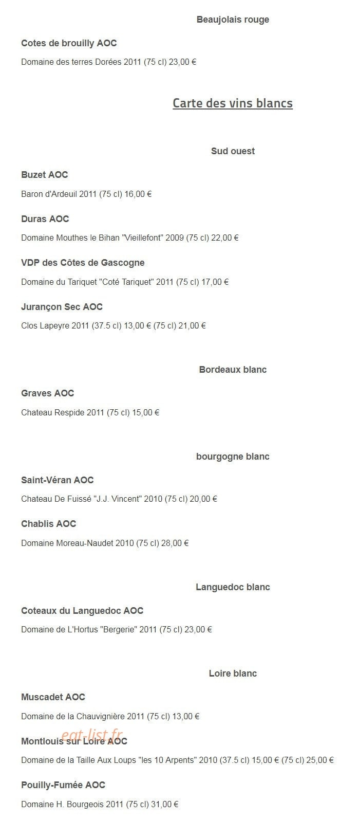 Carte et menu de Restaurant Océanis à Foulayronnes — Les vins page 3