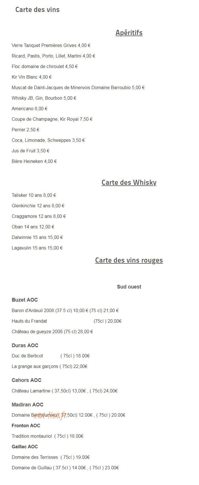 Carte et menu de Restaurant Océanis à Foulayronnes — Les vins