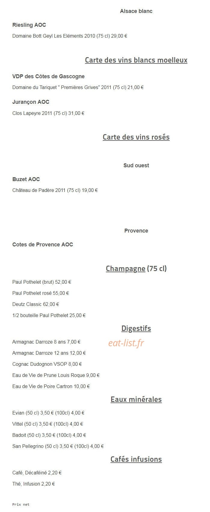 Carte et menu de Restaurant Océanis à Foulayronnes — Les vins page 4