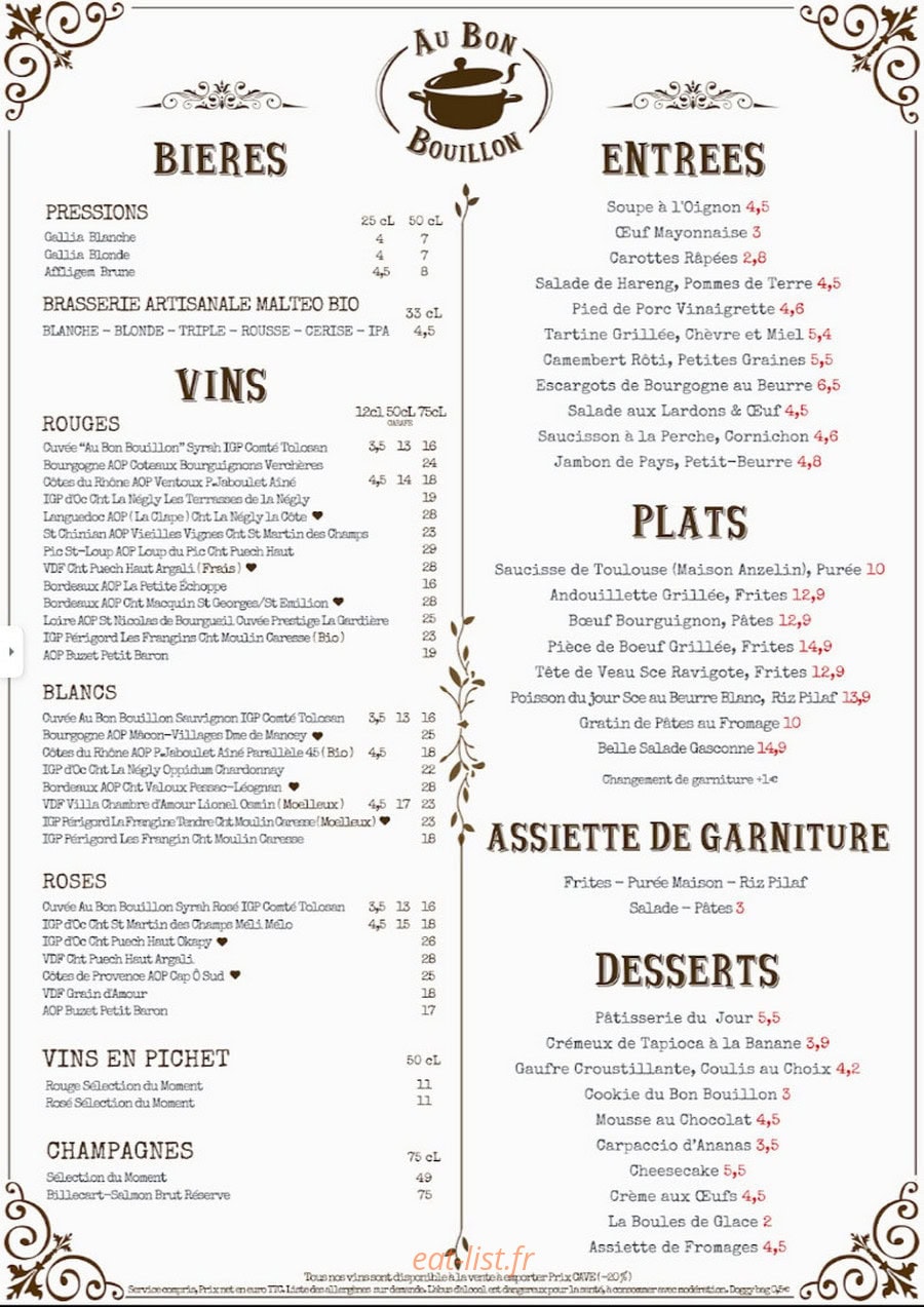 Au Bon Bouillon — carte page 1
