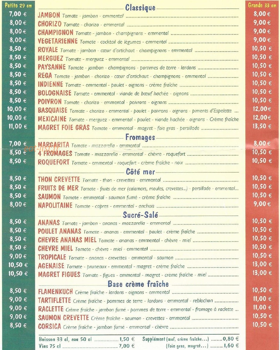 Pizza Rega — carte page 1