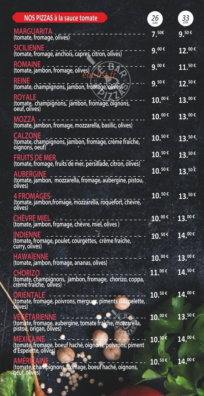 Le bar à pizzas — carte page 1