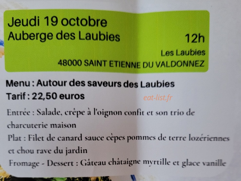 Carte et menu de Auberge des Laubies à Saint Etienne du Valdonnez — Un exemple de menu du jour