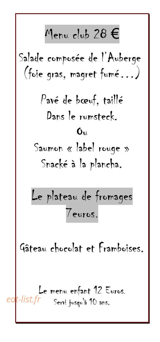 Carte et menu de L’Auberge Domaine de Carrière à Marvejols — Menu club