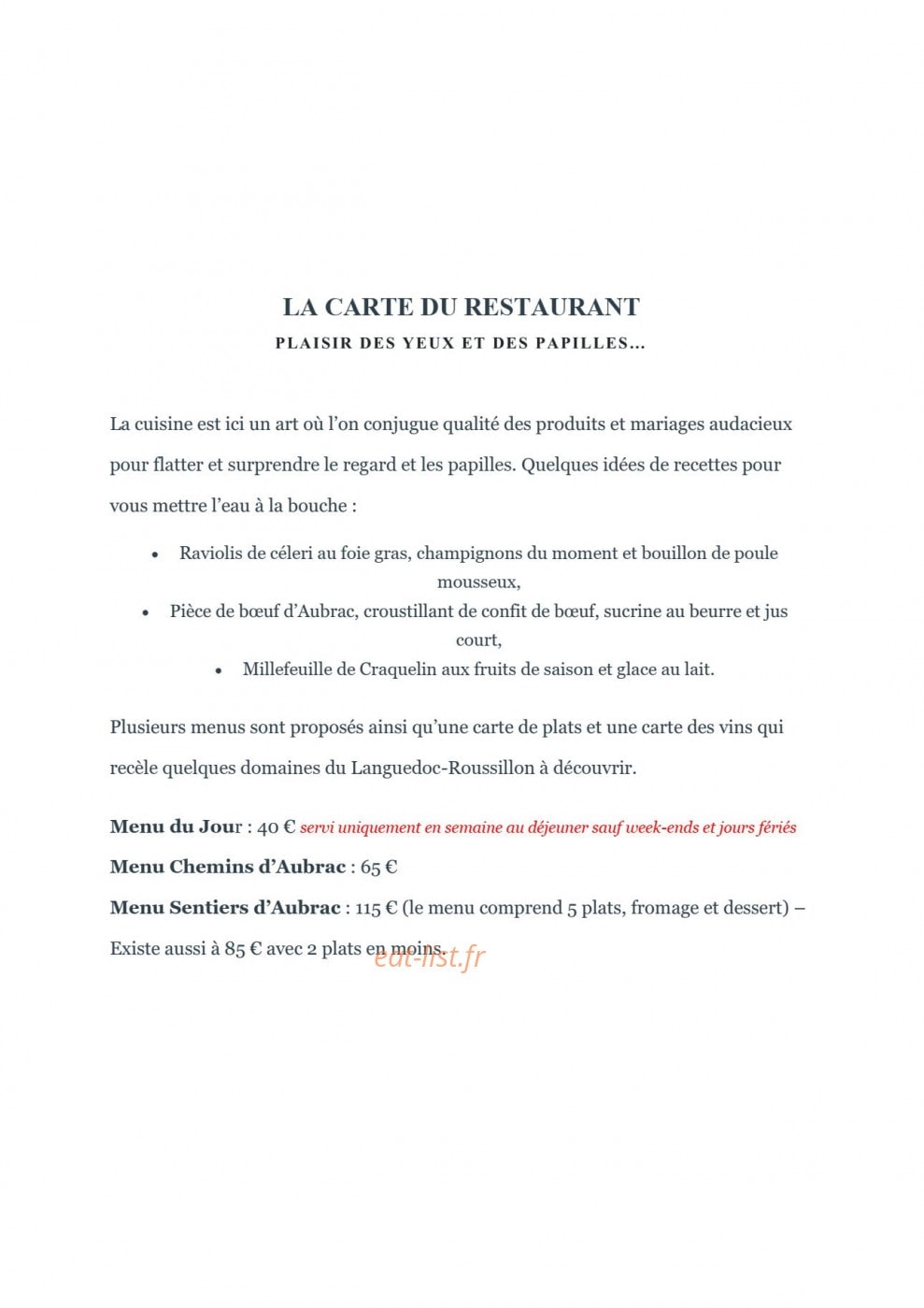 Carte et menu de Cyril Attrazic chez Camillou à Aumont Aubrac — La carte du restaurant