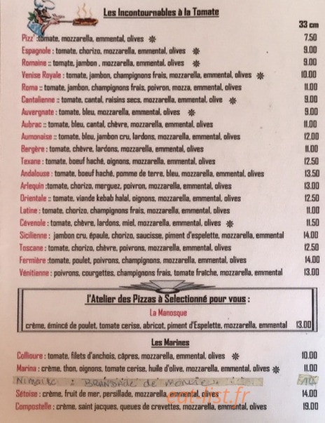 L'Atelier des Pizzas — carte page 1