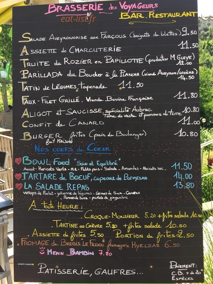 Carte et menu de Brasserie des voyageurs à Le Rozier — Exemple de menu