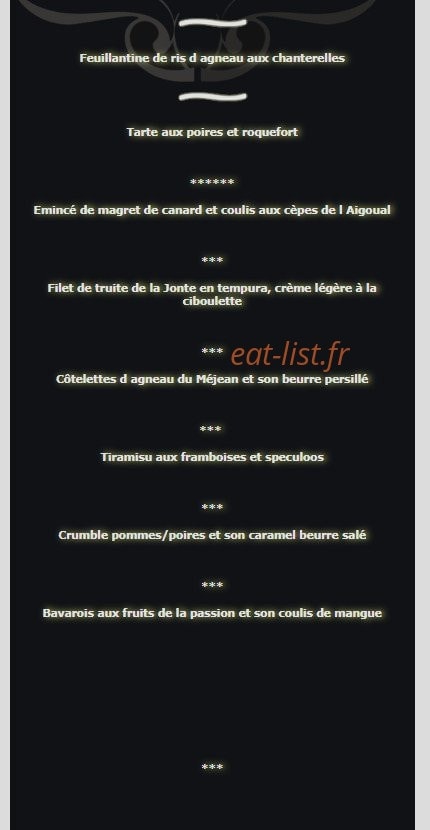 Carte et menu de Grand Hotel de France à Meyrueis — Menu du terroir
