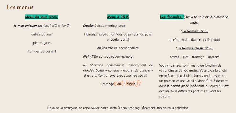 Auberge du Verdy — carte page 1