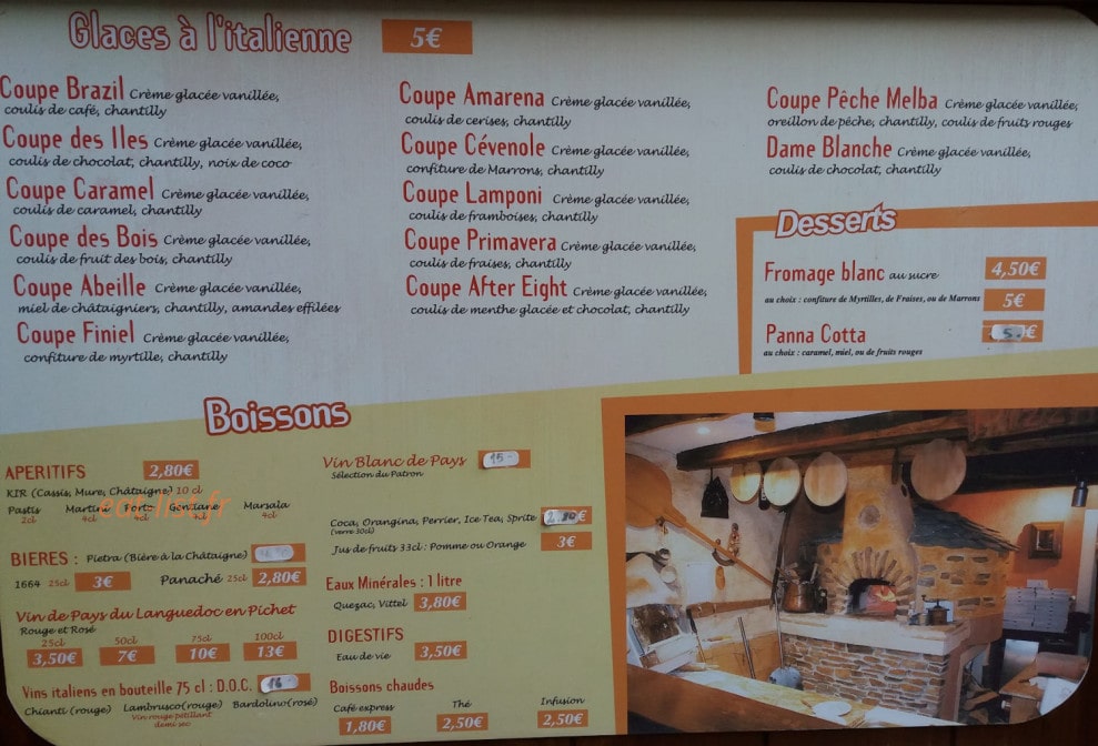 Carte et menu de Pizzeria Dolce Vita à Florac Trois Rivières — Les desserts, glaces et boissons