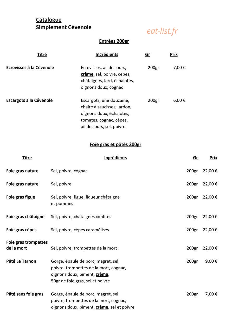 Auberge du Tarnon — carte page 1