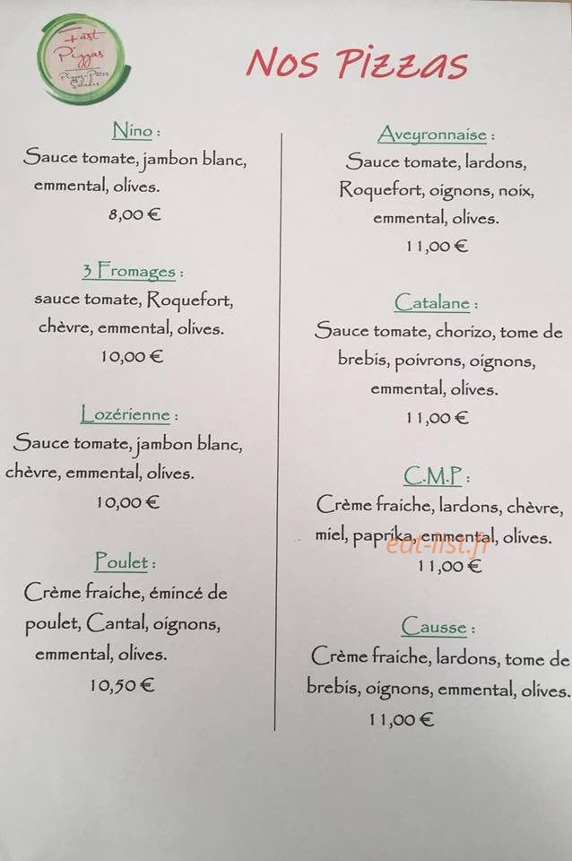 Fast Pizzas — carte page 1