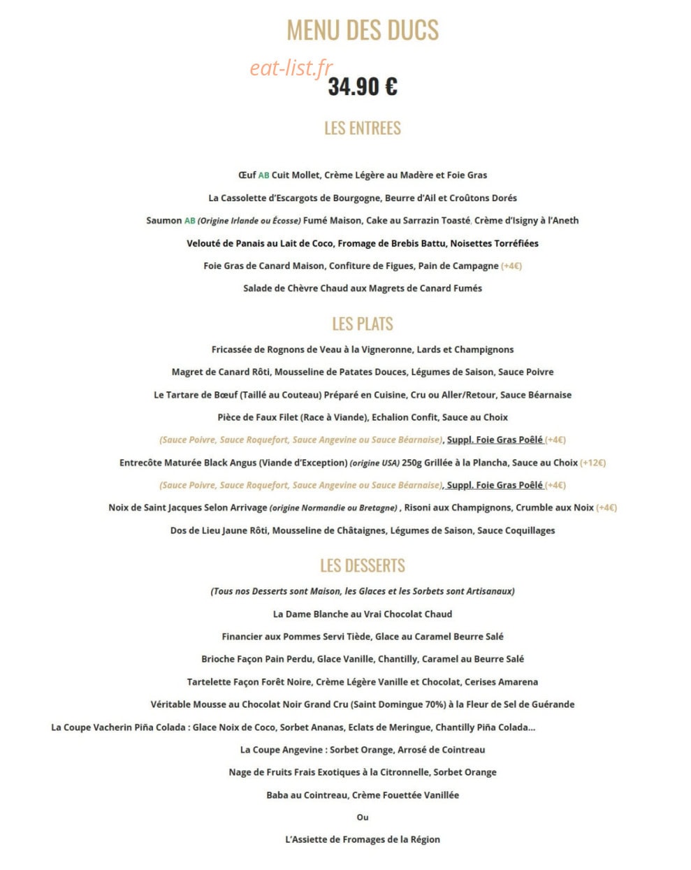 Bistrot des Ducs — carte page 1