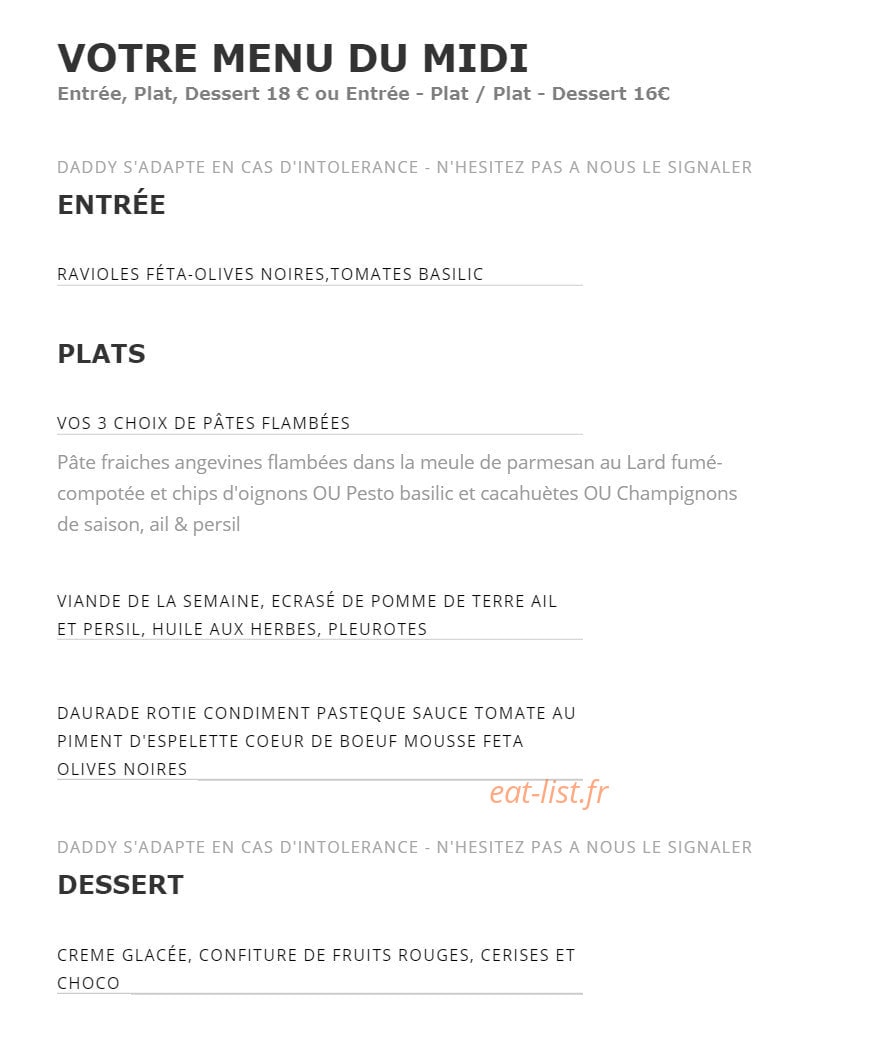 Restaurant Daddy — carte page 1