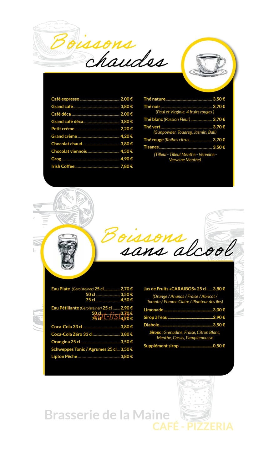 Carte et menu de Brasserie de la Maine à Bouchemaine — Les boissons chaudes et sans alcools