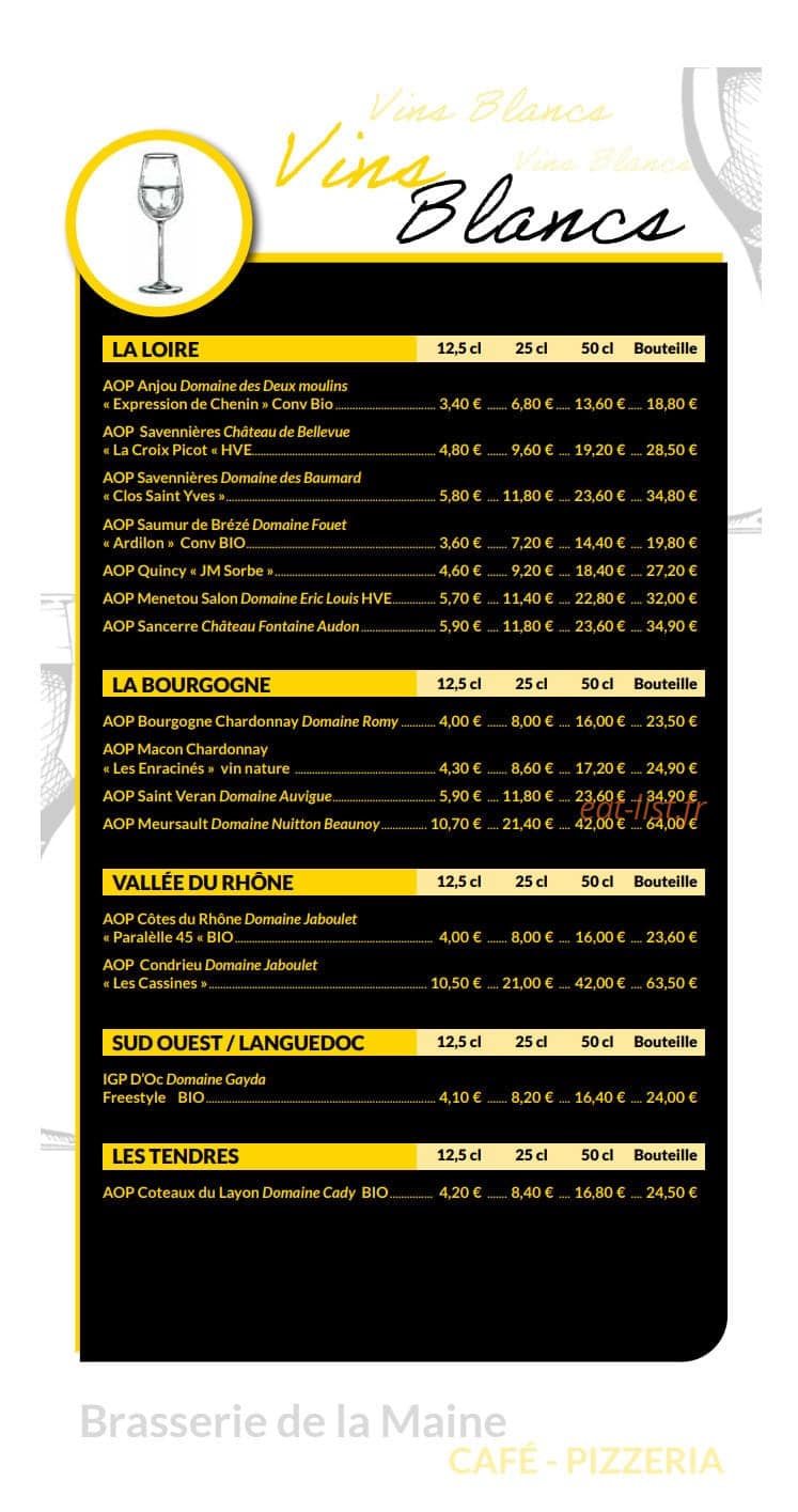 Carte et menu de Brasserie de la Maine à Bouchemaine — Les vins blancs
