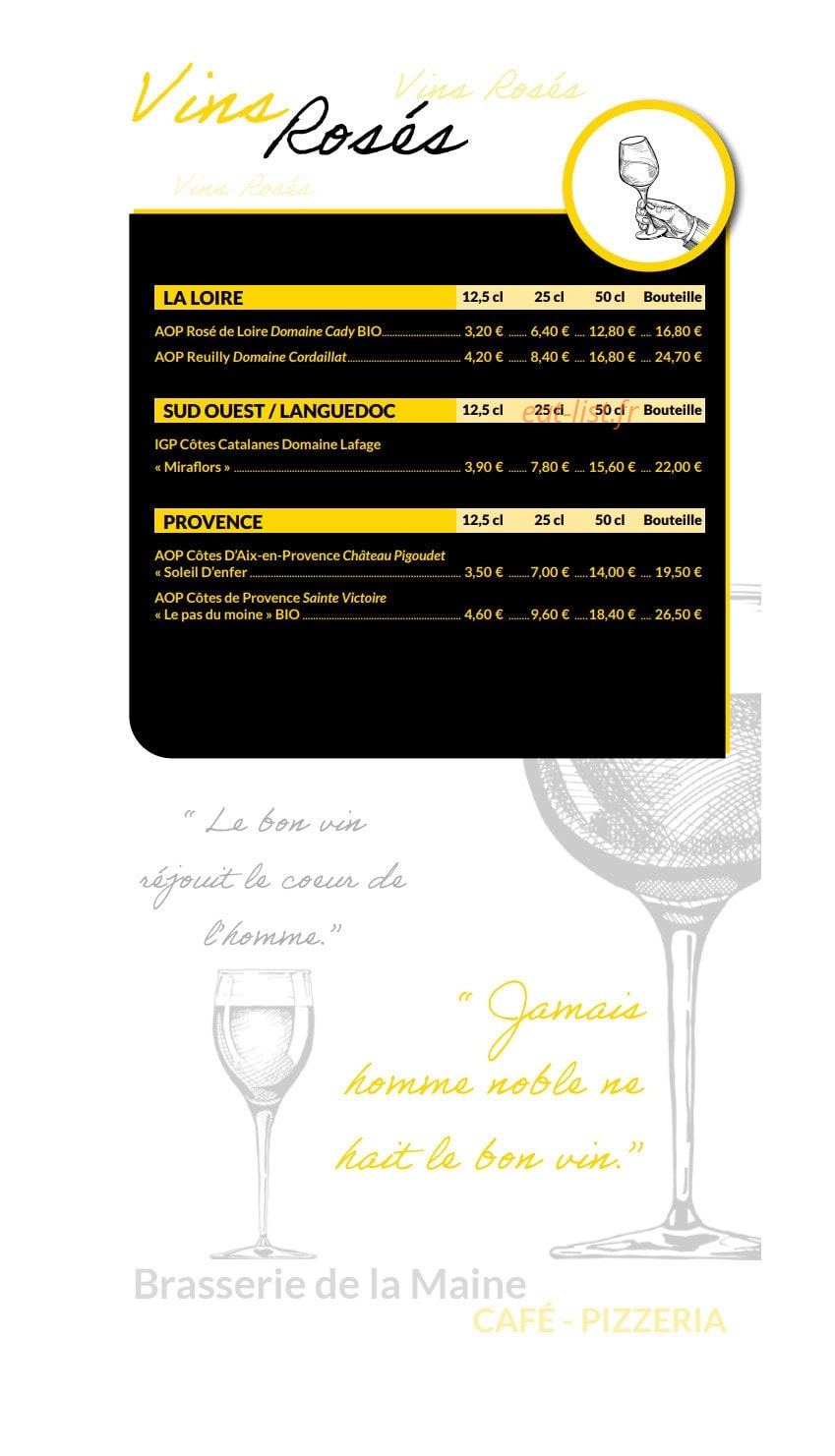 Carte et menu de Brasserie de la Maine à Bouchemaine — Les vins rosés