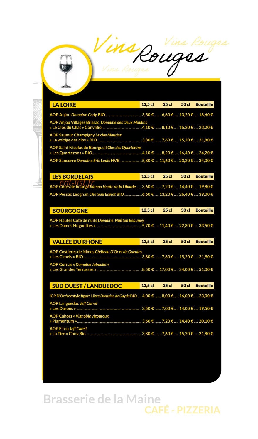 Carte et menu de Brasserie de la Maine à Bouchemaine — Les vins rouges