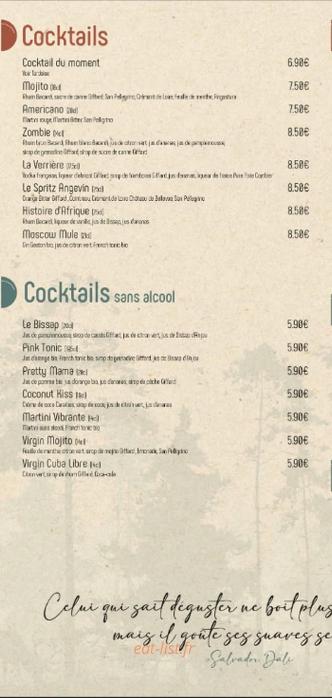 Carte et menu de La Petite Verrière à Verrières-en-Anjou — Les cocktails