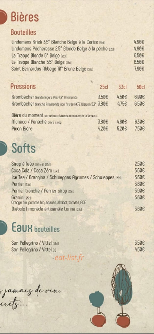 Carte et menu de La Petite Verrière à Verrières-en-Anjou — Les bières, softs, ...