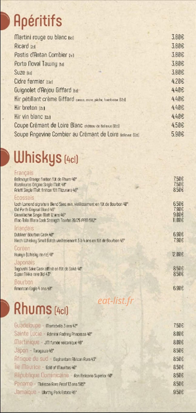 Carte et menu de La Petite Verrière à Verrières-en-Anjou — Les apéritfs, whislys, ...