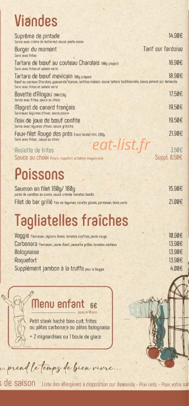 Carte et menu de La Petite Verrière à Verrières-en-Anjou — Les viandes, poissons, ...