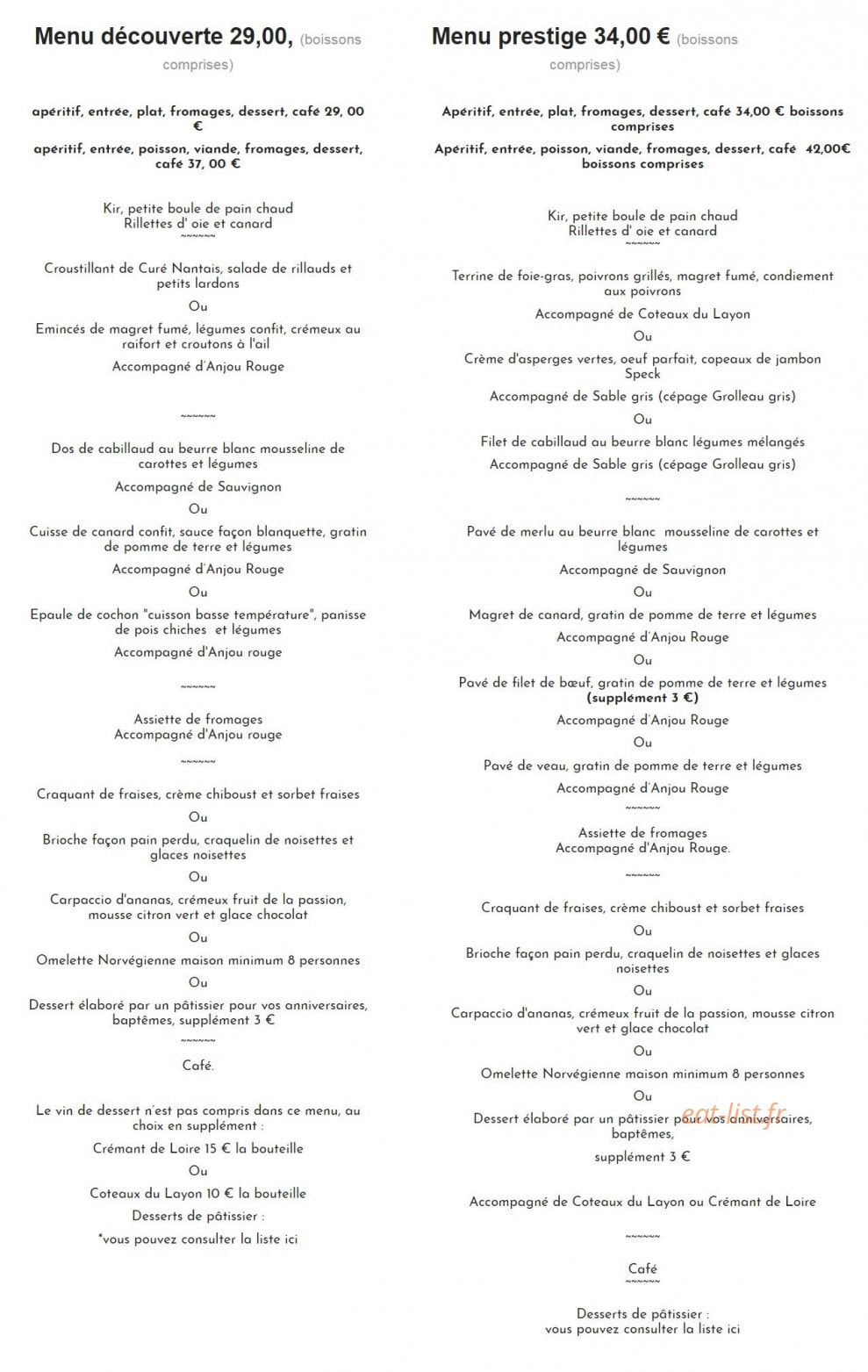 Carte et menu de Auberge de la Vallée du Jeu à Chemillé-en-Anjou — Les menus
