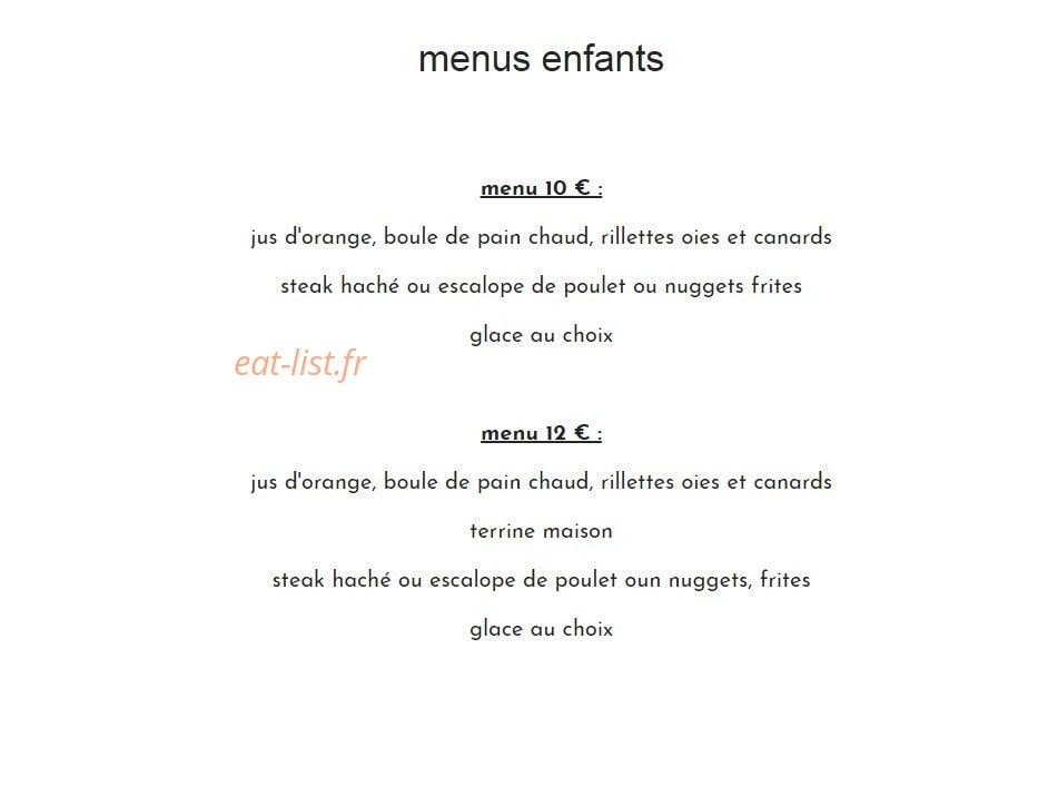 Carte et menu de Auberge de la Vallée du Jeu à Chemillé-en-Anjou — Le menu enfant