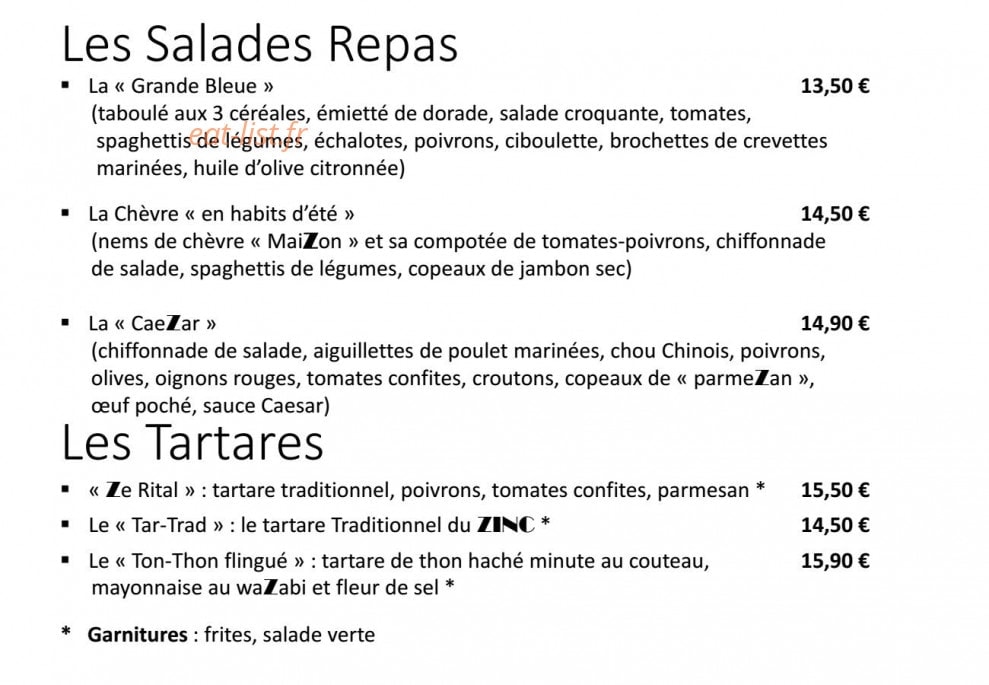 Le zinc — carte page 8