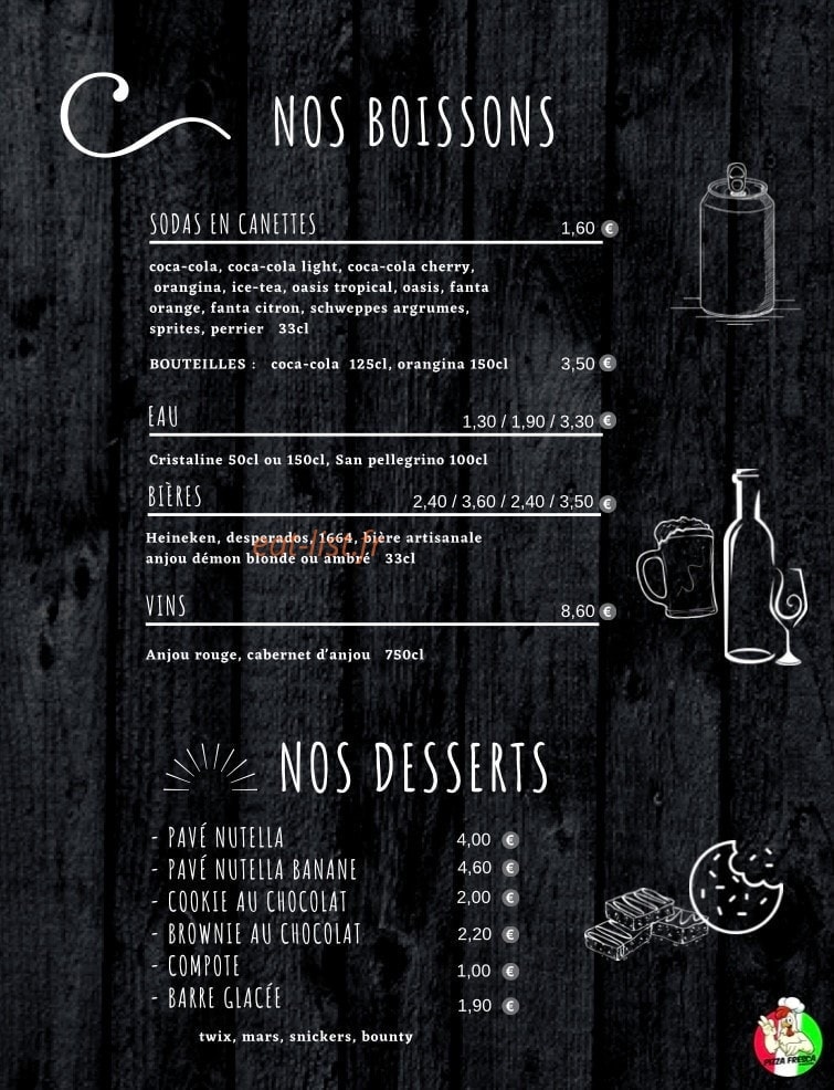 Carte et menu de Pizza Fresca & Burgers à Les Ponts de Ce — Les boissons et desserts