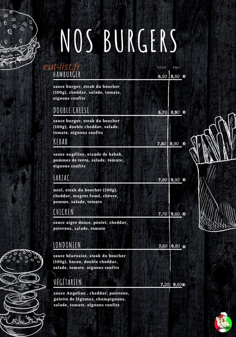 Carte et menu de Pizza Fresca & Burgers à Les Ponts de Ce — Les burgers