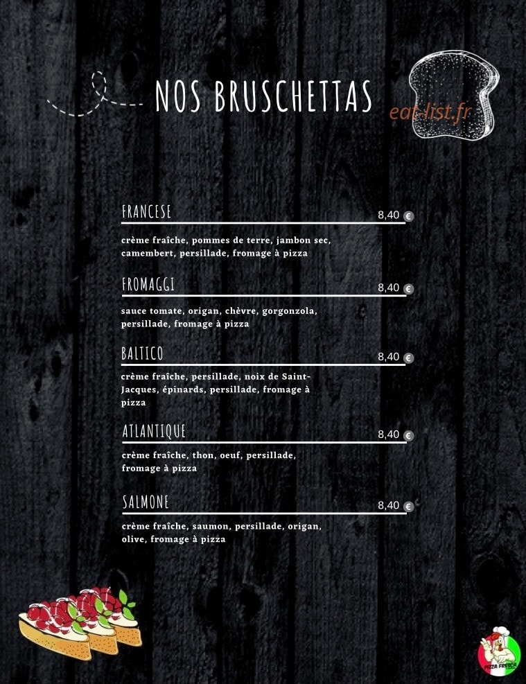 Carte et menu de Pizza Fresca & Burgers à Les Ponts de Ce — Les bruschettas