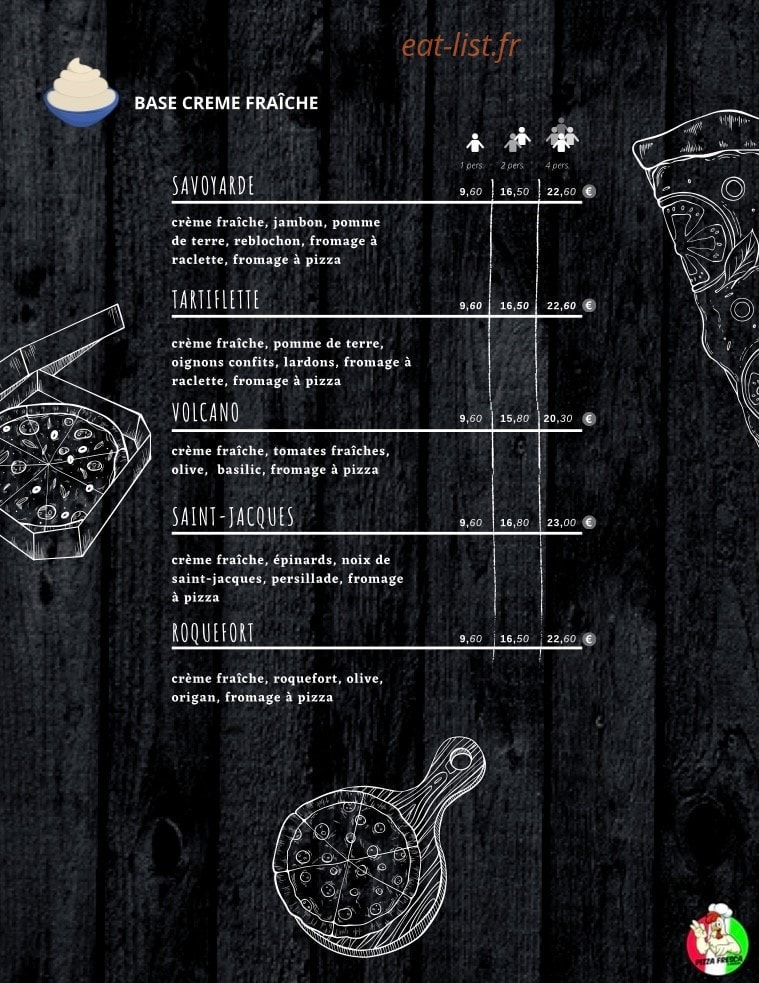 Carte et menu de Pizza Fresca & Burgers à Les Ponts de Ce — Les pizzas bases crème fraiches