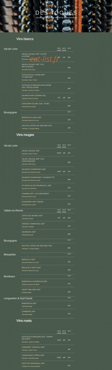 Carte et menu de Les Toqués d'Anjou à Rives-du-Loir-en-Anjou — La cave des toqués