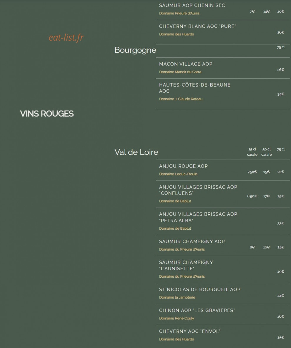 Carte et menu de Les Toqués d'Anjou à Rives-du-Loir-en-Anjou — Les vins rouges