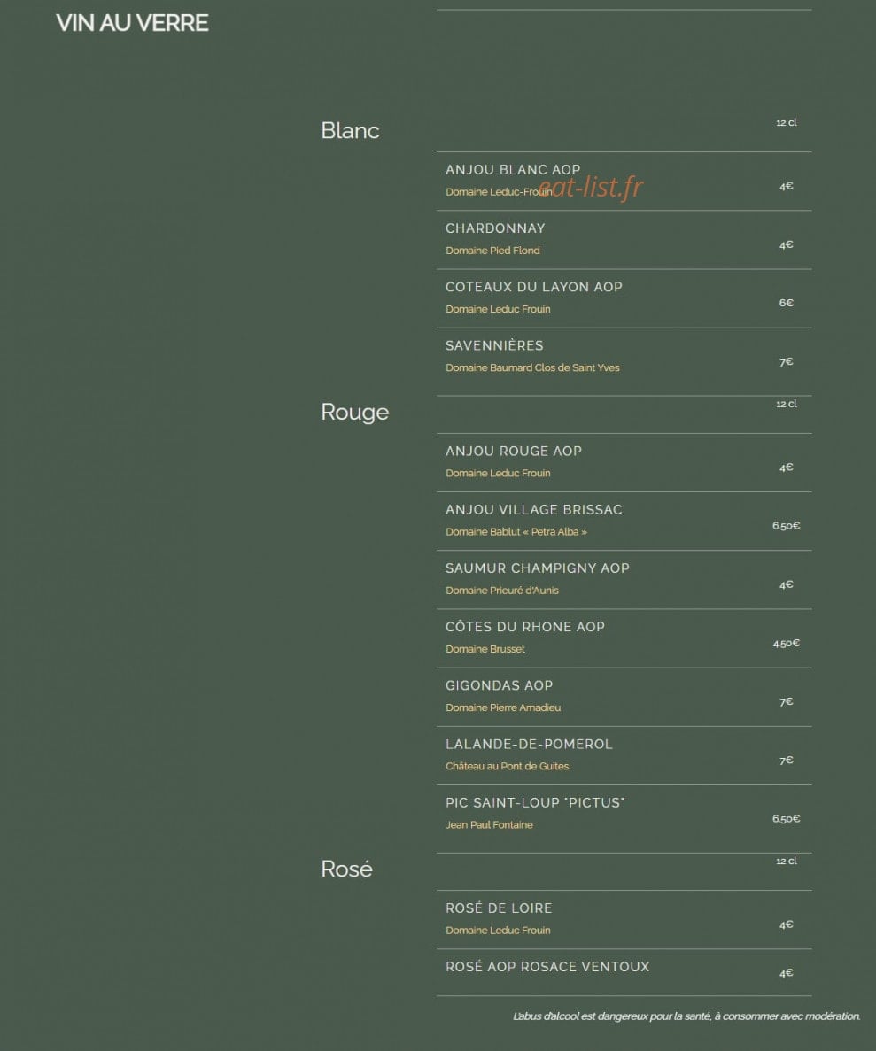 Carte et menu de Les Toqués d'Anjou à Rives-du-Loir-en-Anjou — Les vins au verre