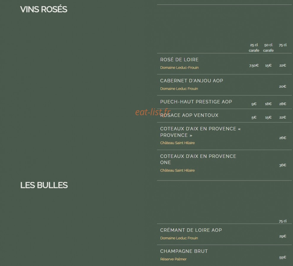 Carte et menu de Les Toqués d'Anjou à Rives-du-Loir-en-Anjou — Les vins rosés, bulles