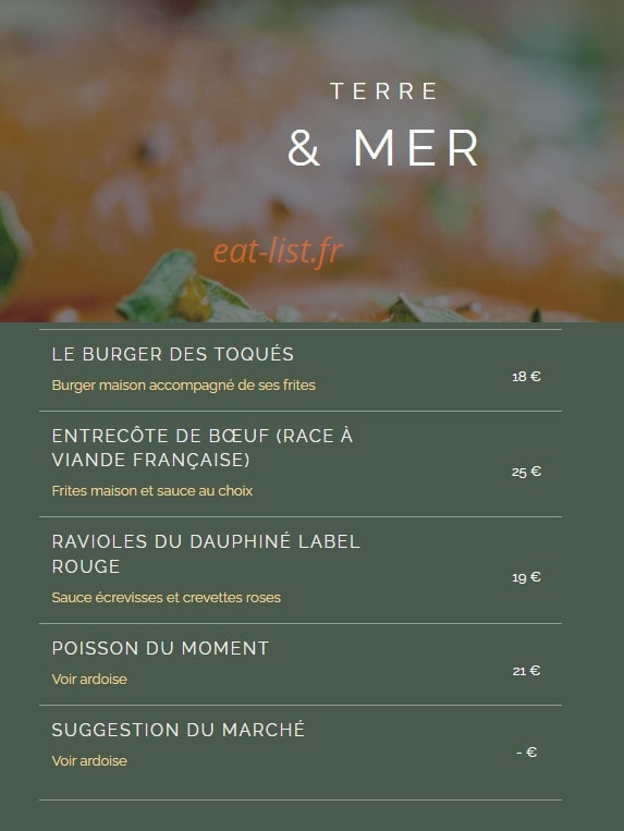 Carte et menu de Les Toqués d'Anjou à Rives-du-Loir-en-Anjou — La terre & mer