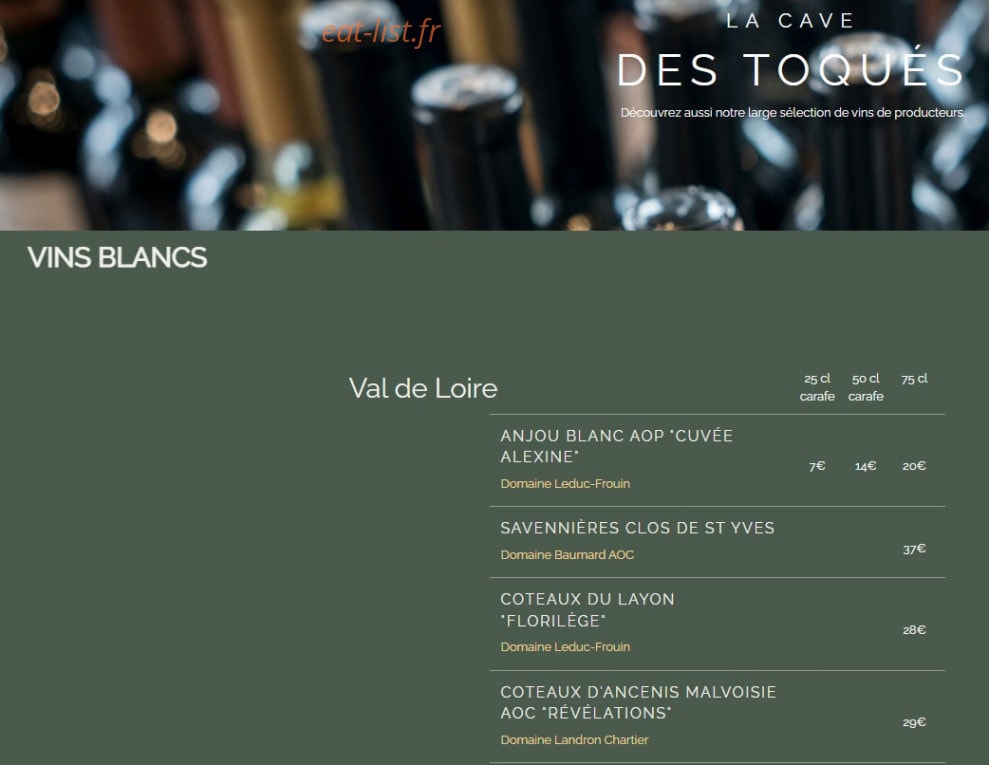 Carte et menu de Les Toqués d'Anjou à Rives-du-Loir-en-Anjou — Les vins blancs