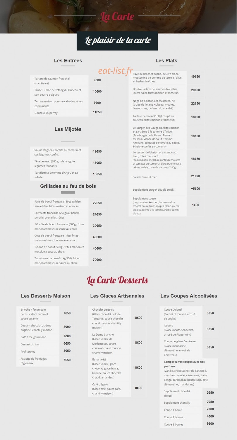 Carte et menu de Ô coin des Baugeois à Baugé-en-Anjou  — La carte
