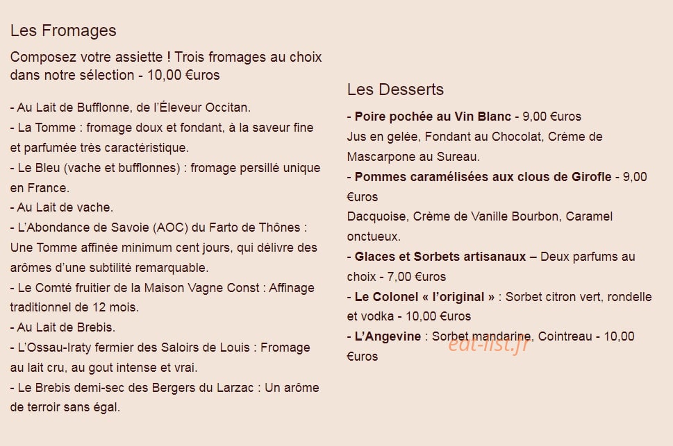 Carte et menu de Le Grand Bras à Saint Georges sur Loire — Fromages et desserts