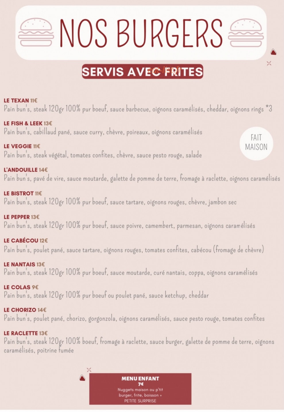 Carte et menu de Le Bistrot De La Place à Beaufort-en-Anjou — Les burgers