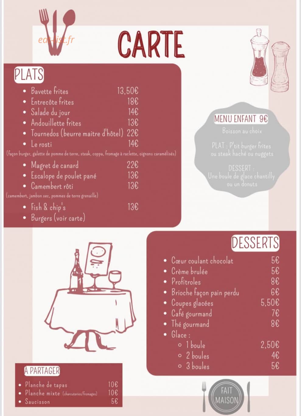 Carte et menu de Le Bistrot De La Place à Beaufort-en-Anjou — Les plats, desserts et à partager
