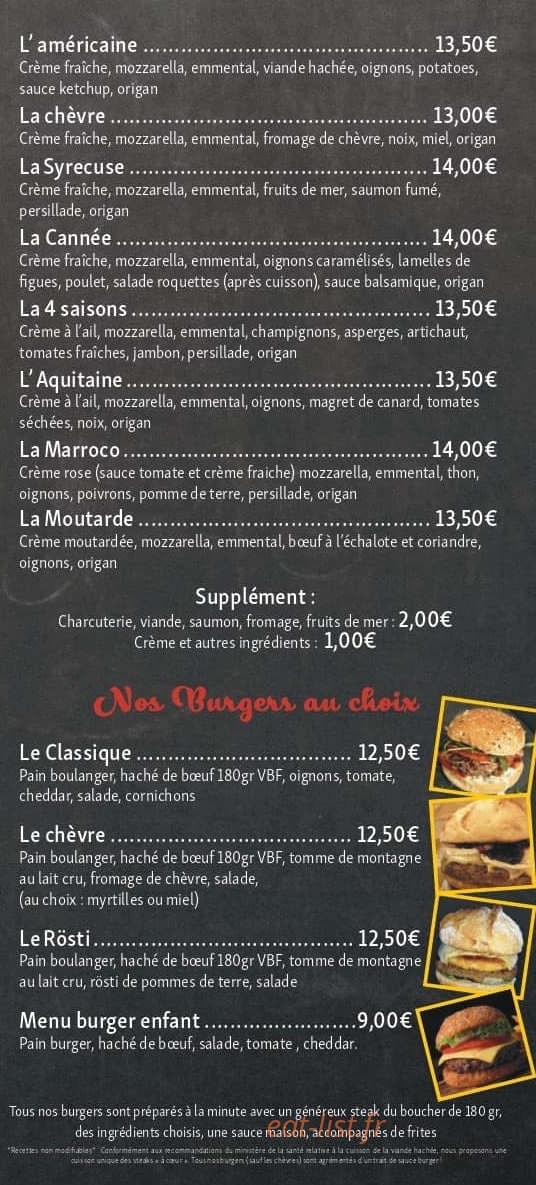 Carte et menu de Pizzeria la canee à Beaufort-en-Anjou — Les burgers