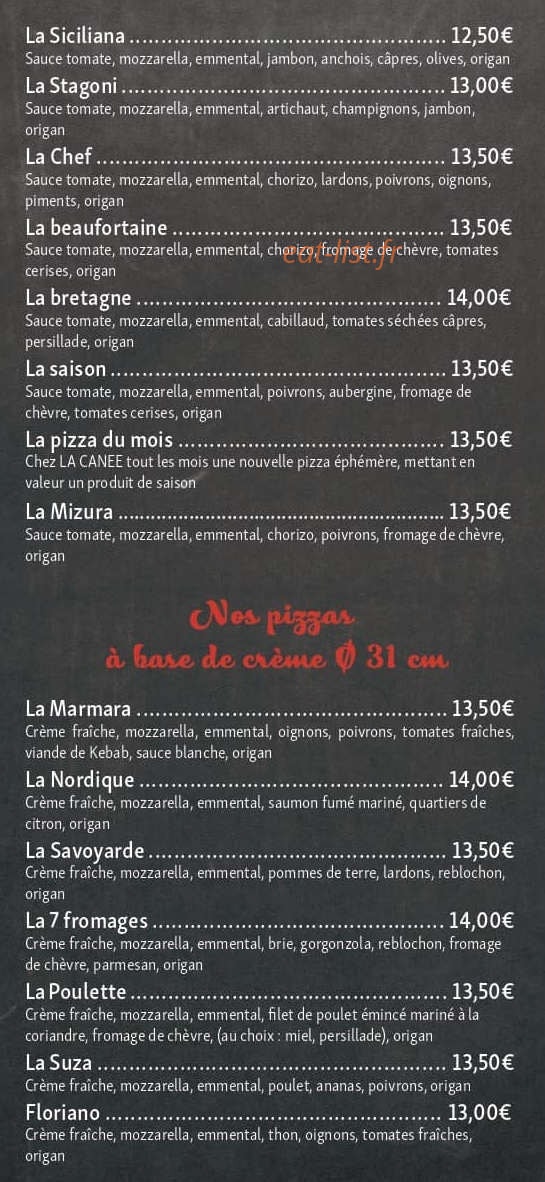 Carte et menu de Pizzeria la canee à Beaufort-en-Anjou — Les pizzas base crème