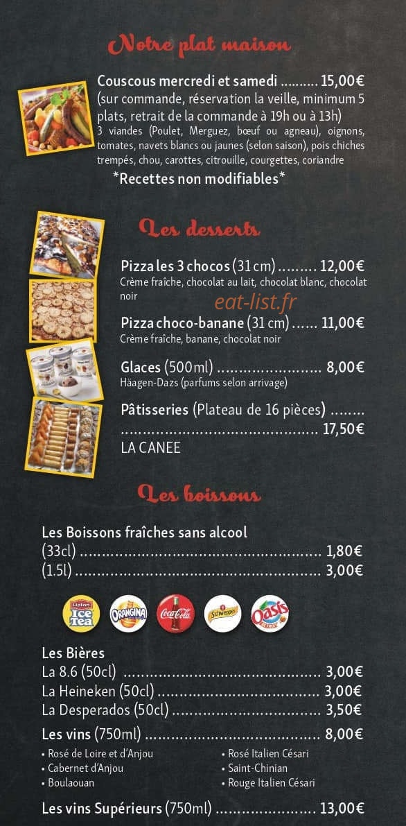 Carte et menu de Pizzeria la canee à Beaufort-en-Anjou — Les plats, desserts et boissons