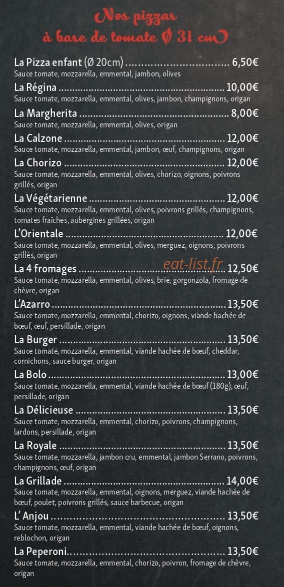 Carte et menu de Pizzeria la canee à Beaufort-en-Anjou — Les pizzas base tomate