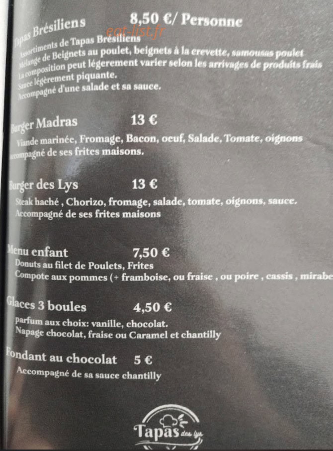 Tapas des Lys — carte page 1